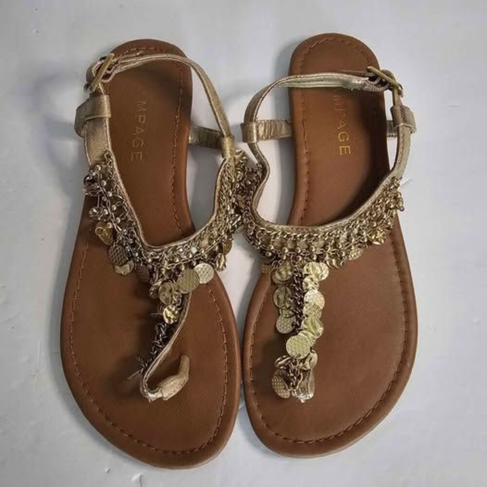 RAMPAGE Brianna Gold Embellished Charm Flat Sandals Size 7M